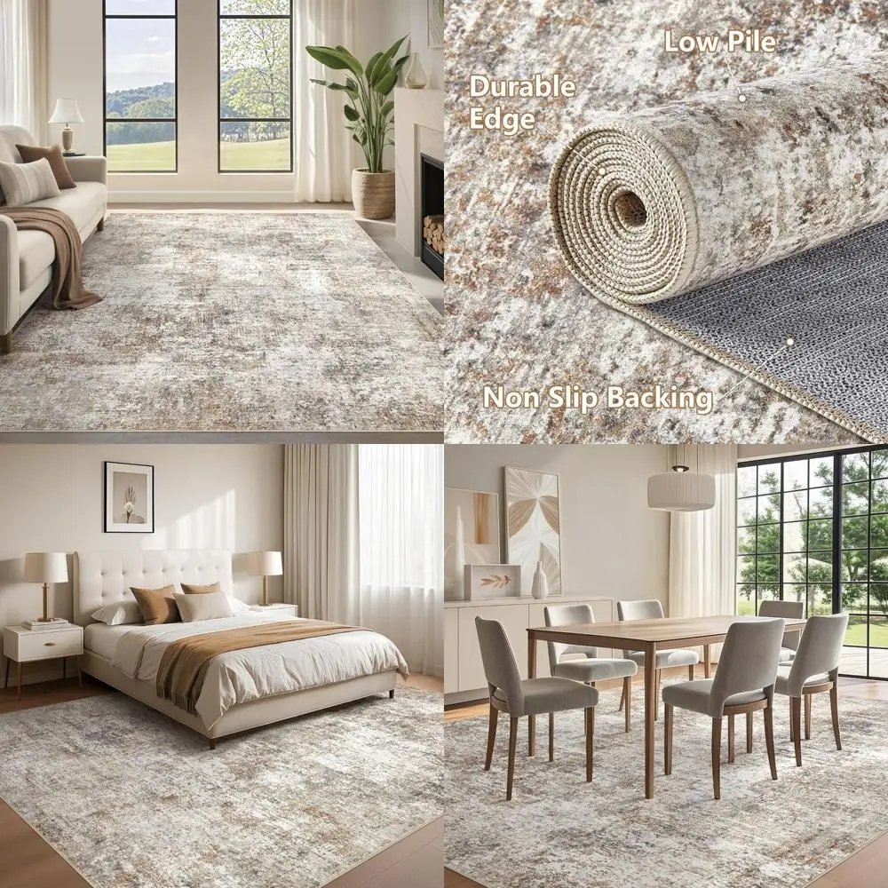 Large Modern Abstract Area Rug - 9x12, Soft Neutral, Non-Slip, Ultra Thin, Stain Resistant Indoor Carpet for Living Room