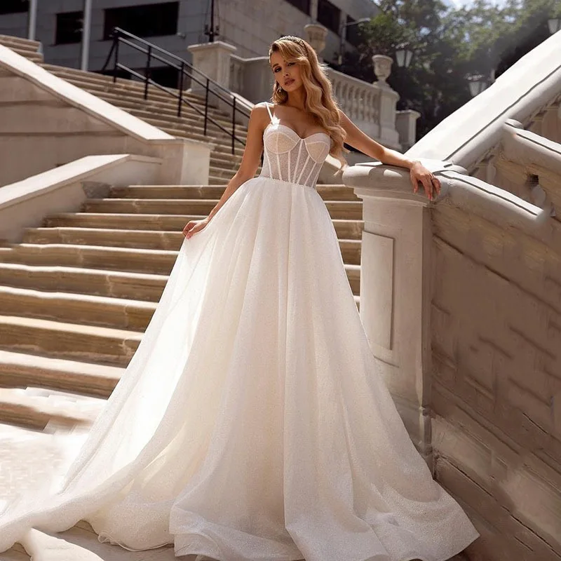 Vestido de novia blanco con tirantes finos, traje de novia con lentejuelas sin mangas, corte en A, sencillo, 2024