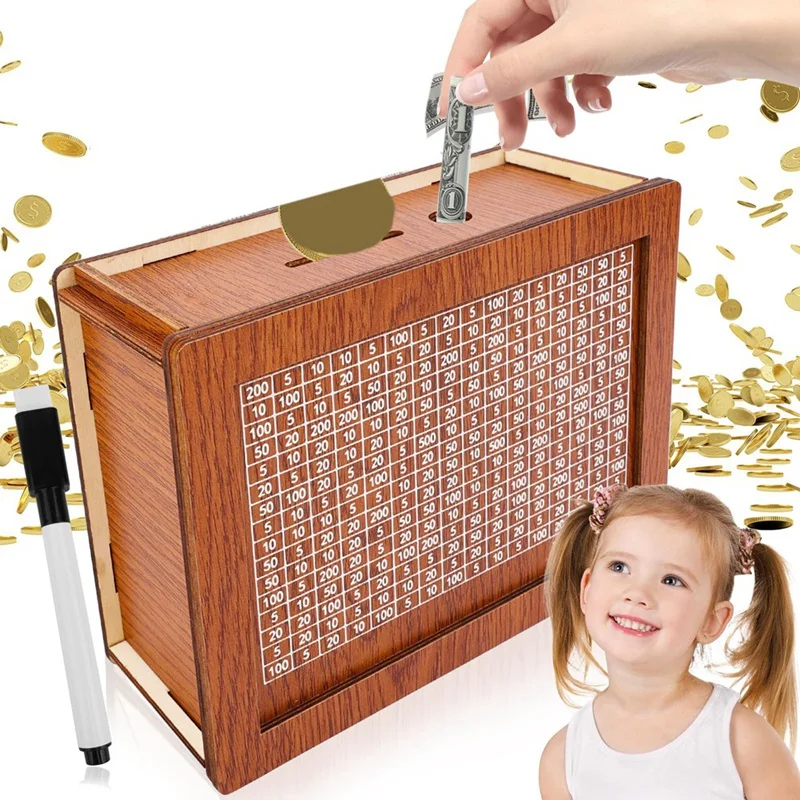 Money Saving Box, Wooden Cash For Kids And Adults, Reusable Money Box With Countdown And Money Target, Challenge