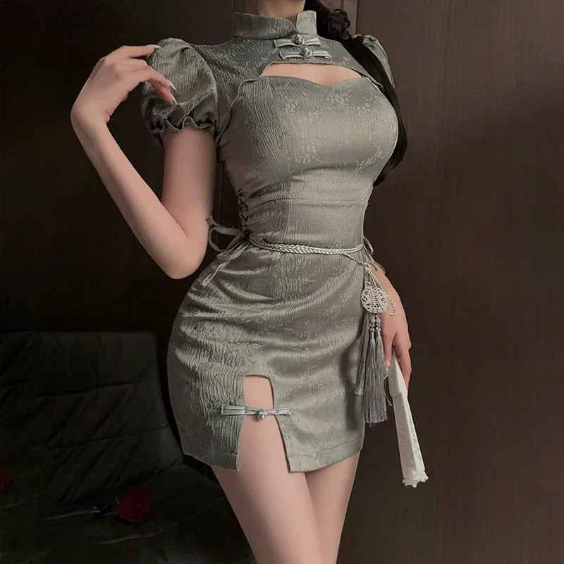 Chinese Dress Cheongsams Women Sexy Lingerie Temptation Clothing China Style Side Slit Hollow Qipao Uniform Nightclub Costumes