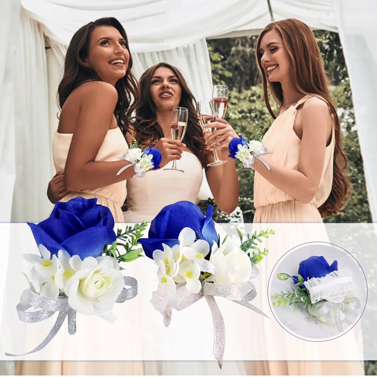 Flor de muñeca azul y ramillete, decoración de graduación, ramillete de rosas, conjunto de pulsera con ramillete de flores para boda, aniversario, fiesta de graduación