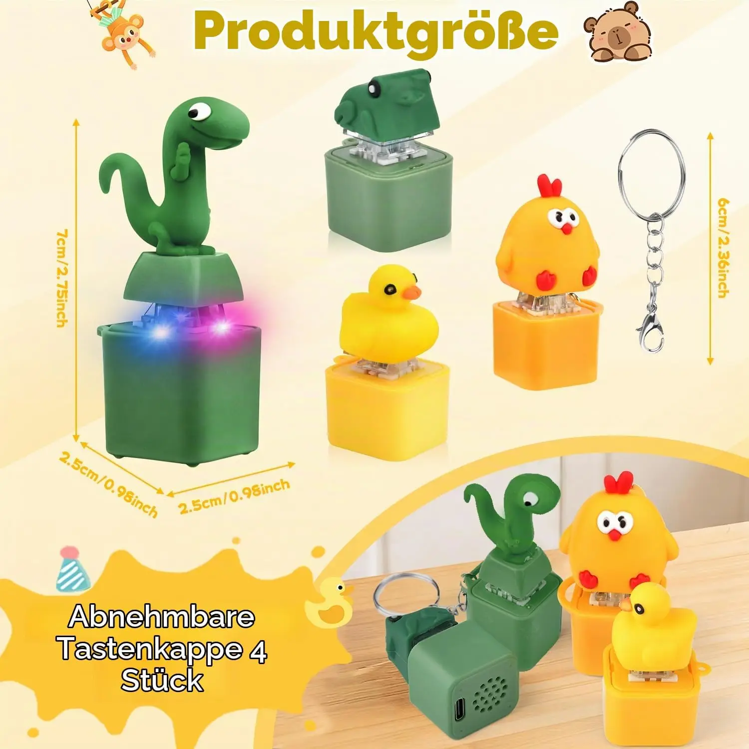 4PCS Clicker Keychain Fidget Toys Set Frog Quacking Duck Lizard Keyboard Toy Anti Stress Funny Gadgets Gifts for Adults