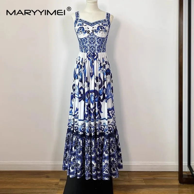 

MARYYIMEI Spaghetti Strap Sweetheart Neck Blue and white porcelain Print Cotton Women's dress