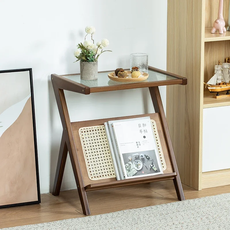 Creative corner bedside table for living room with glass edge and rattan