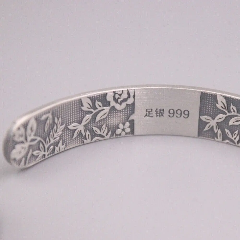 

Real 999 Fine Silver Bangle Lotus Leaf Pattern Cuff 2.44inch Dia. Handmade