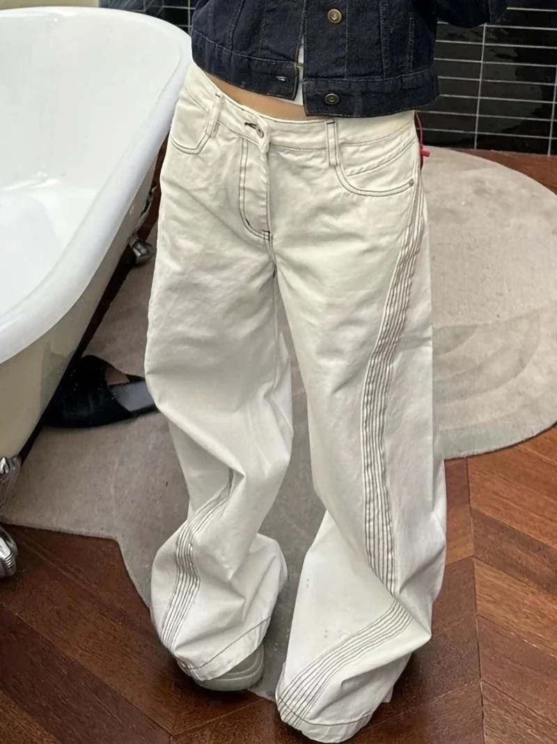 

Винтажные белые полосатые джинсы женские Y2K с высокой талией и широкими штанинами, прямые 2000-х годов, уличная одежда в американском стиле ретро, повседневные джинсовые брюки