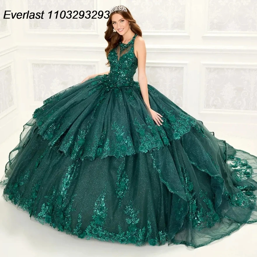 EVLAST Lavender Quinceanera Dress Ball Gown Lace Applique Beading Crystal Tiered Ruffles Sweet 16 Vestido 15 De Años TQD219