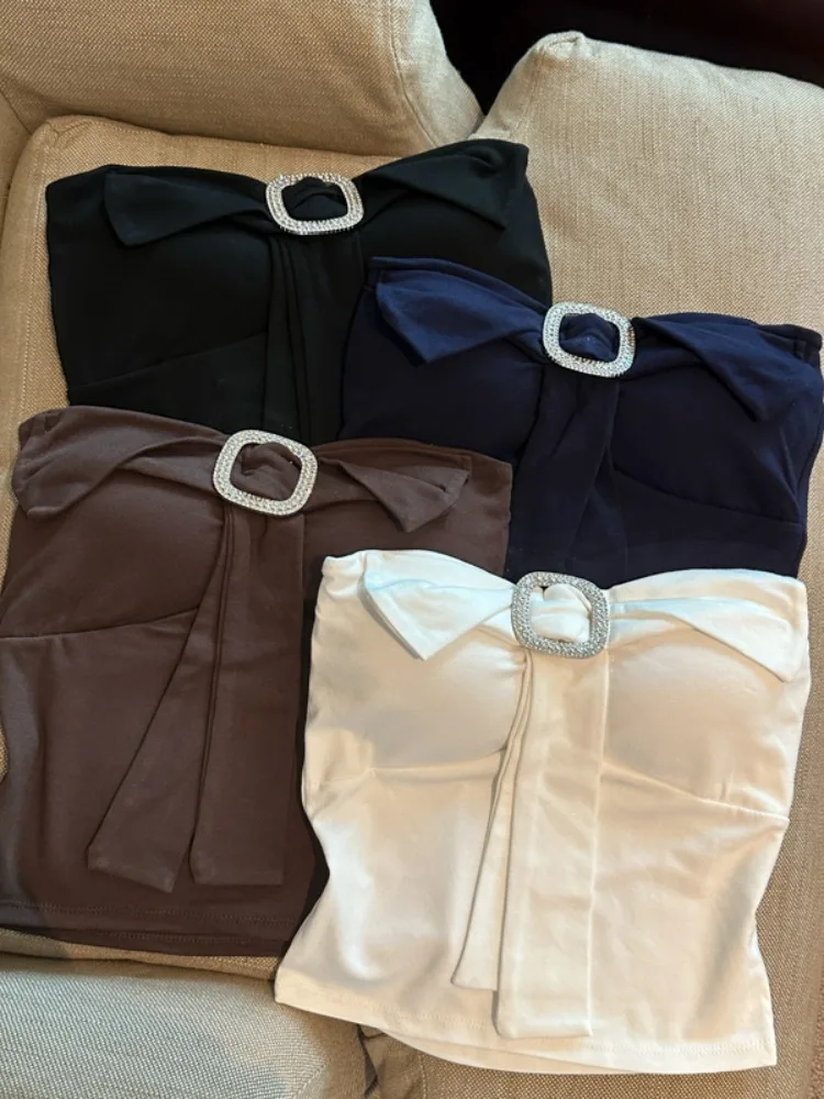 

Fashionable Metal Decor Knot Tube Top Tank Women Summer Slimming Short Length Top Skin Friendly Breathable Knitted