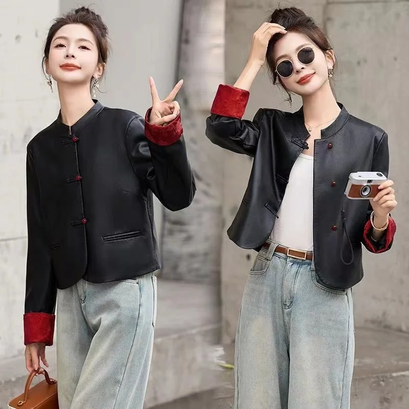 Spring Autumn Lady Long Sleeves PU Leather Coat Women Stand Collar Leather Jacket Korean Female Stand Collar Faux Leather Tops