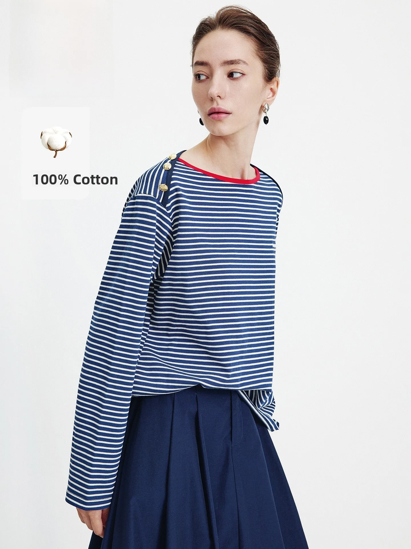 

Navigare Women's Long Sleeve T-Shirt Pure Cotton Striped Casual Style Spring 2026 New Arrival Comfortable Loose Fit round Neck