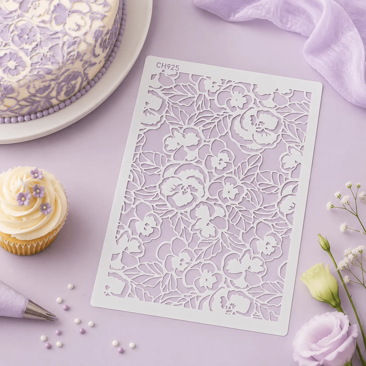Peony Flower Cake Spray Stencil, Flexible PET Hollow Template for Cake Cookie Powder Spraying and Wedding Baking Decoration
