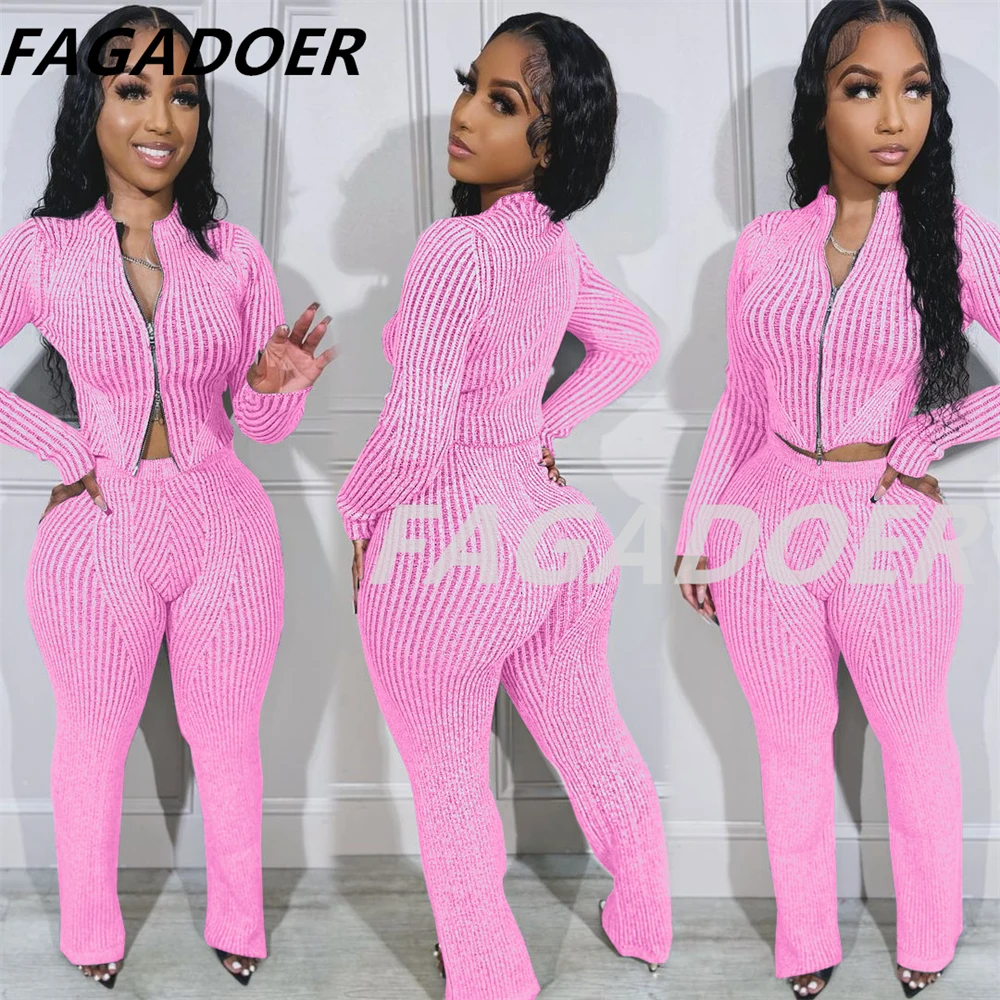 FAGADOER Autumn New Knit Casual 2 Piece Set Outfit Women Solid Zip Slim Crop Top and Flare Pants Suit Female Streetwear Clothing