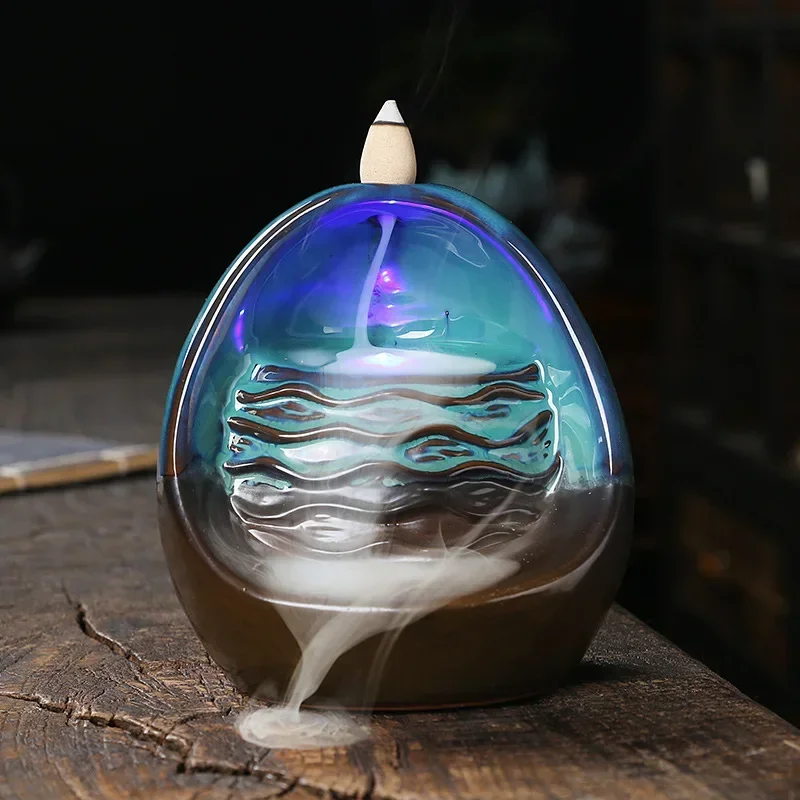 1pc Ceramic LED Incense Holder Waterfall Incense Burner, With 20pcs Incense Cones Aromatherapy Ornament Home Decor