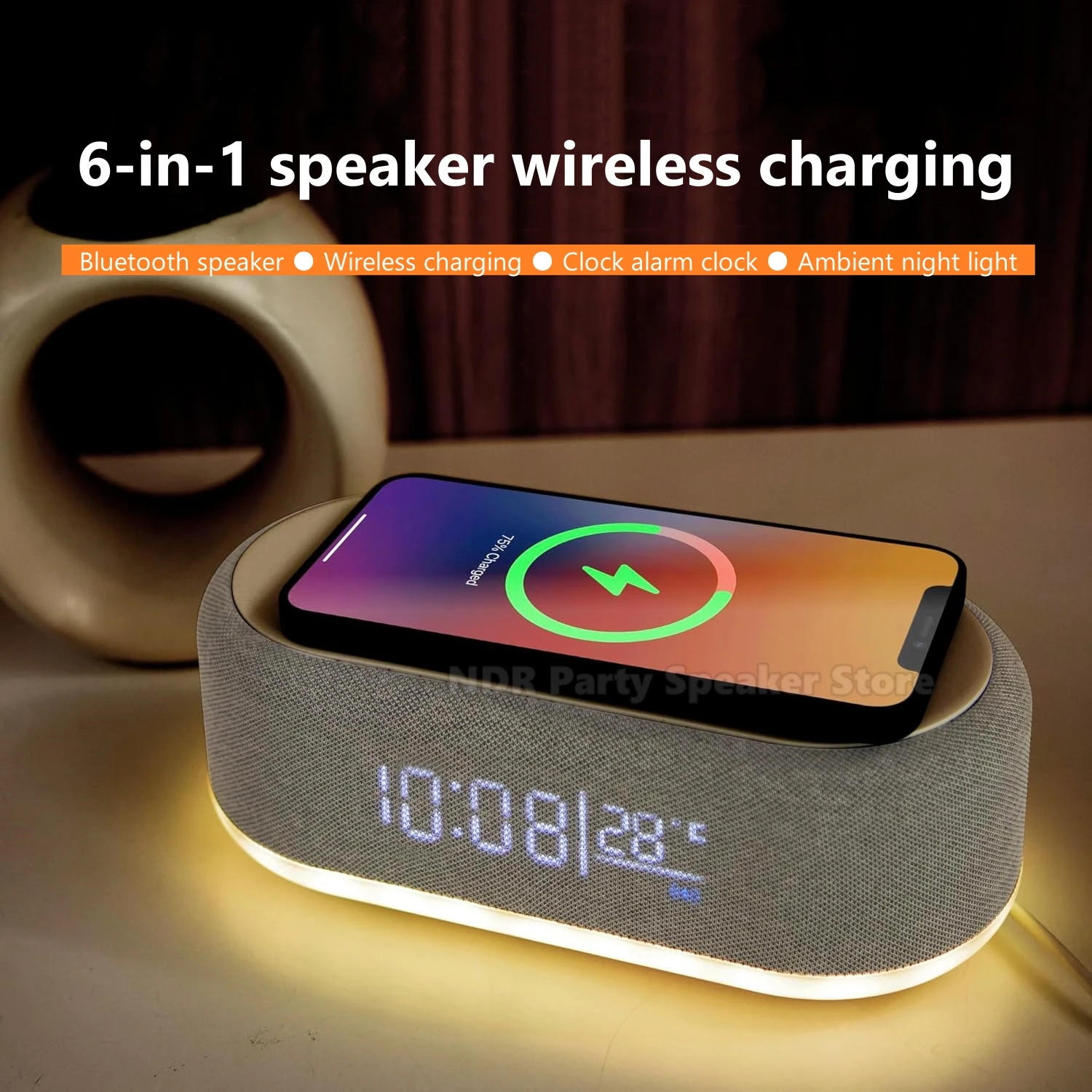 

Hot Selling Wireless Charging Alarm Clock Music Playback 6-in-1 Wireless Charger with Night Light Portable Bluetooth Speakers