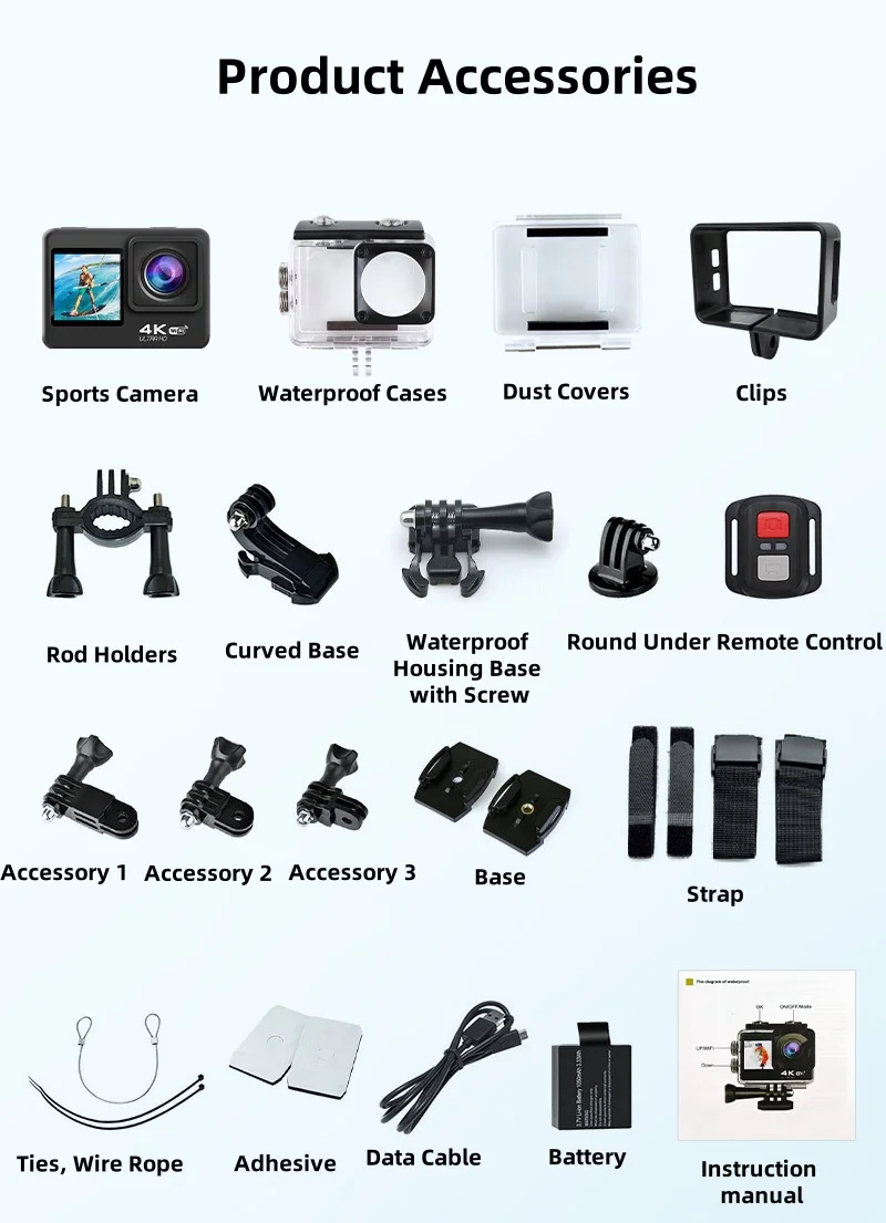 4K/30fps Action Camera Dual Screen 30M Waterproof WiFi Anti-Shake HD Sports Video Action Cameras 170° Wide-angle Sports Camera