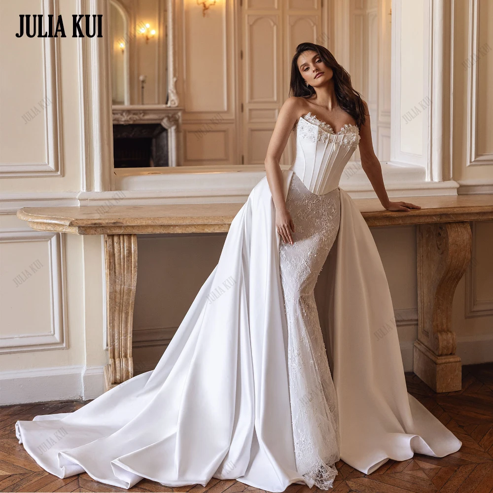 

Julia Kui Custom Made Elegance Sweetheart Mermaid Wedding Dress Beaded Pearls Lace Bridal Gowns With Reovable Jacket and Train