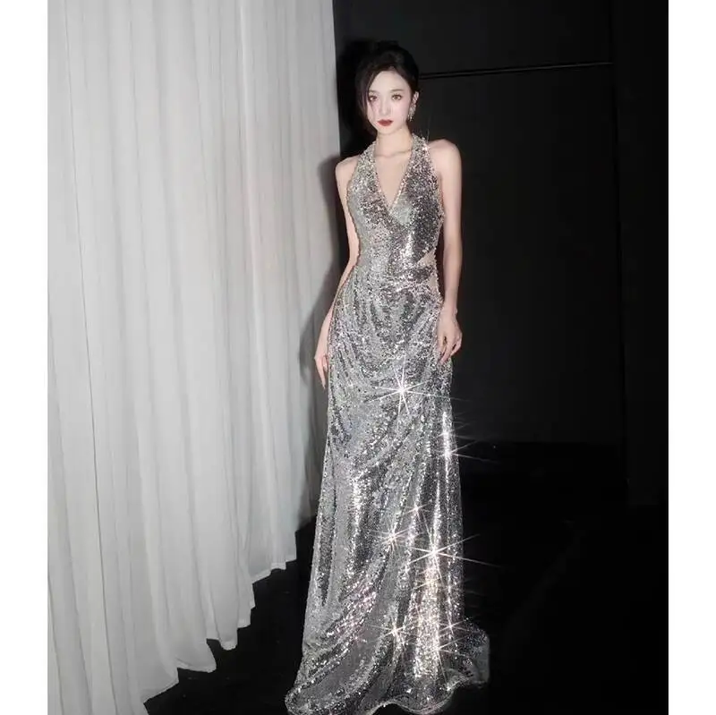 

Высококачественное вечернее платье для женщин, новинка 2025 года, элегантное банкетное легкое роскошное благородное блестящее серебряное платье с пайетками