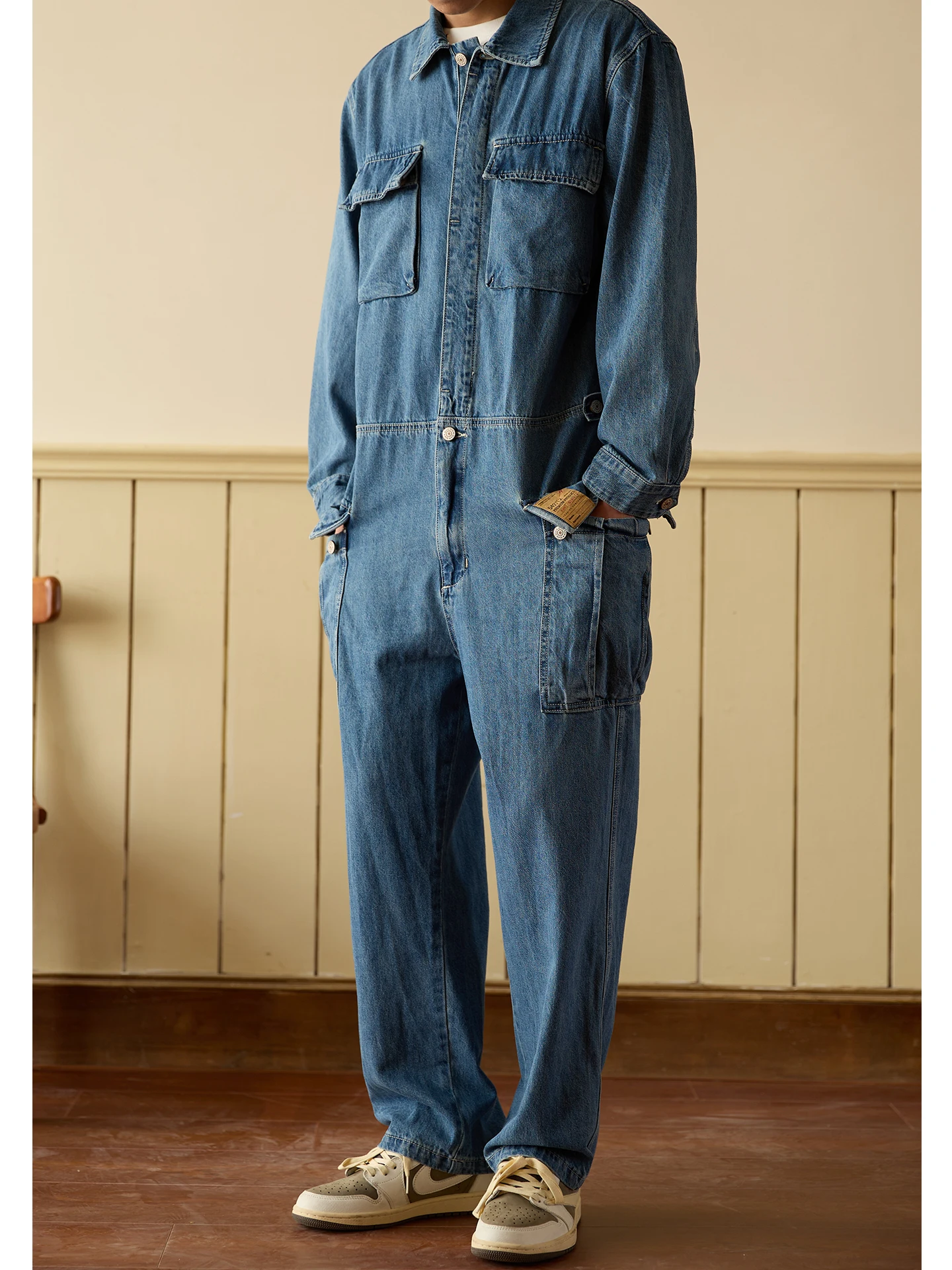 

Retro Workwear Denim Overalls Set Loose Long Sve Men's Multiple kets Faionable One-Piece Suit Hip Hop Sle