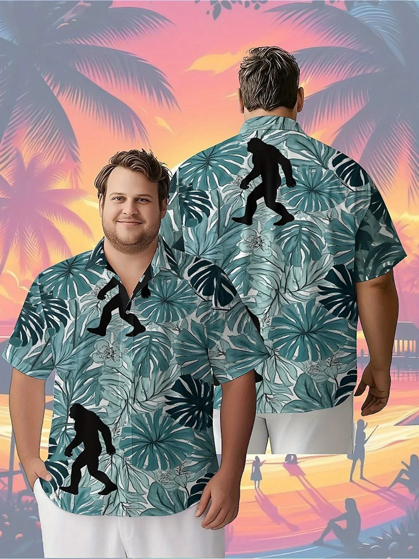 

Men's Plus Size Hawaiian Shirts Sasquatch and Tropical pattern, Button Up Shirts, Unisex Casual Clothing, Summer Tops