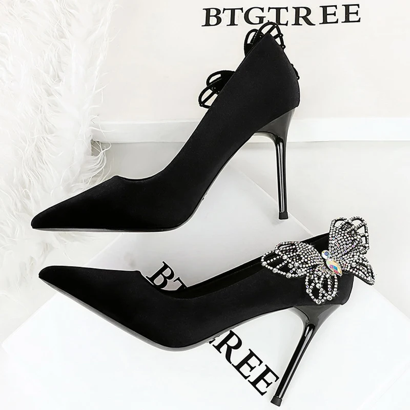 

7cm pointed tip suede women high heels bowknot Rhinestone wedding High Heels Sexy Elegant banquet Stilettos womens shoes Tacones