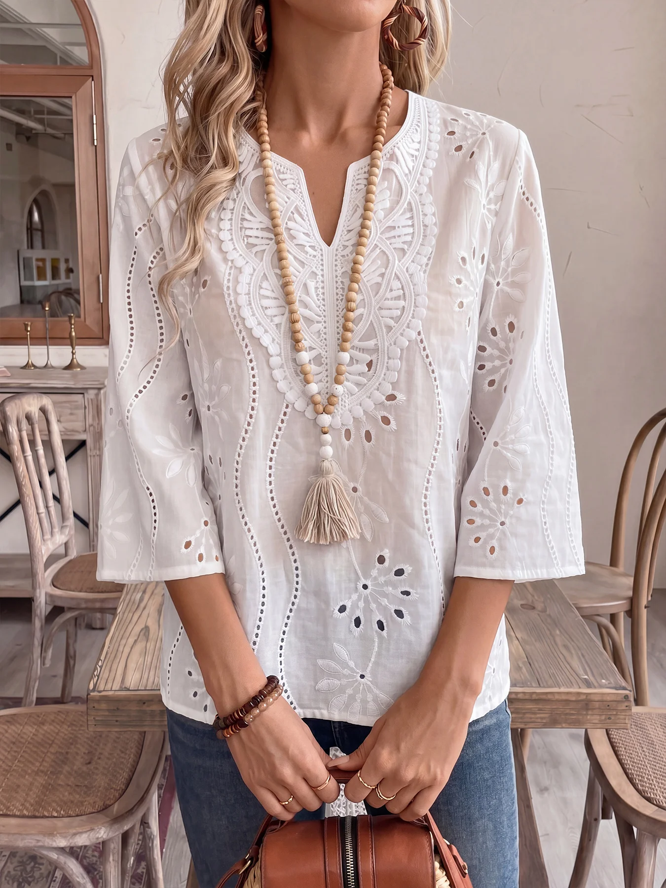Women's 100% Cotton Bohemian Embroidered V-Neck 3/4 Sleeve Shirt – Casual Top for Work or Vacation view 5