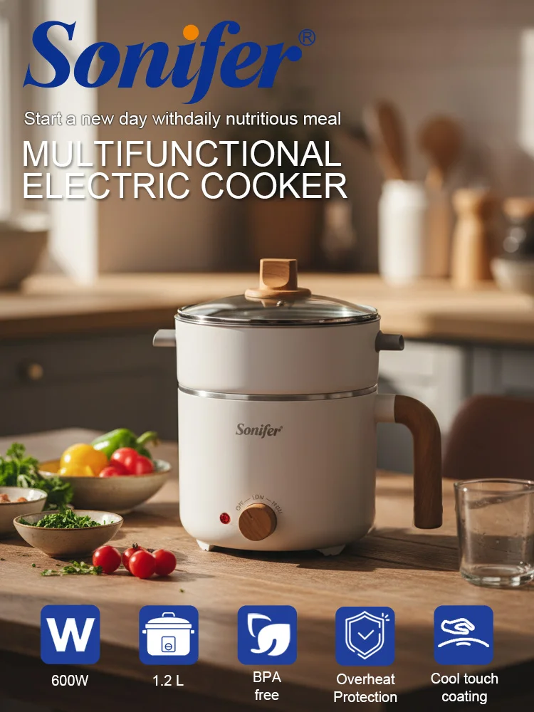 Olla Eléctrica Mini Sonifer SF-1506 de 1.2L y 600W, Multifuncional, con Rejilla para Cocer Huevos al Vapor, Olla para Fideos de Acero Inoxidable 304