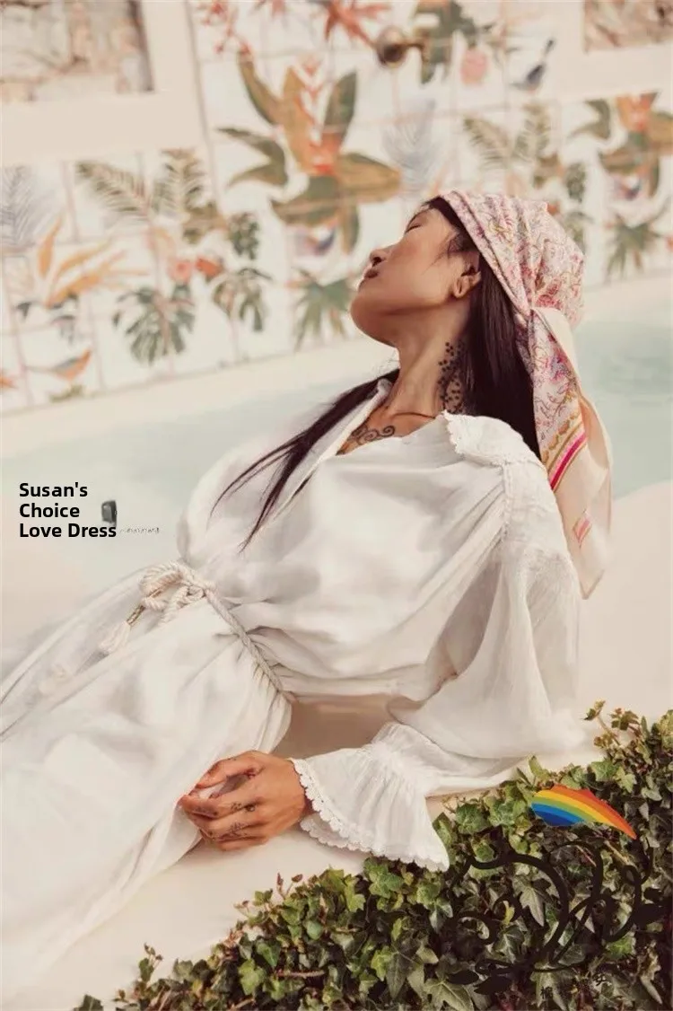 Susan Cotone organico lungo Sve Bianco ricamato in pizzo con cintura Dr V-ne Vita alta A-line ort Dr Commute Colore puro