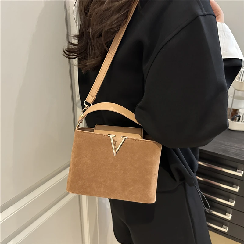 Fashionable Mini Suede Women's Bag, Faux Suede Tote Bag, Hardware Lock Buckle Decoration Handbag Purse Shoulder Cross Body Bags view 6