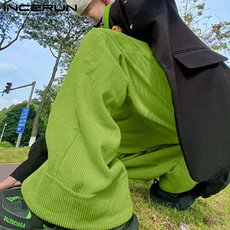 INCERUN Men Casual Loose Long Pants 2025 Korean Fashion Elastic Waist Ninth Trousers Handsome Pockets Solid Color Wide Leg Pants