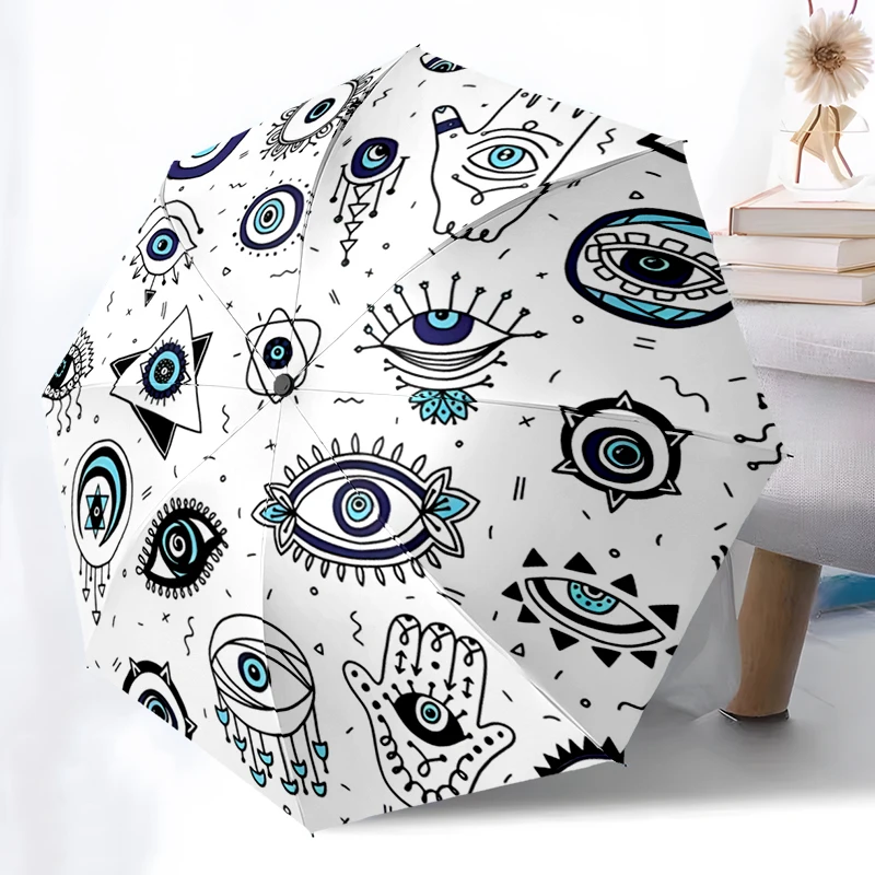 

1 шт. турецкий складной зонт «Глаз дьявола» с автоматическим открытием, дизайн, 8 железных ребер, пластиковая ручка, складной солнцезащитный козырек, идеальные рождественские подарки
