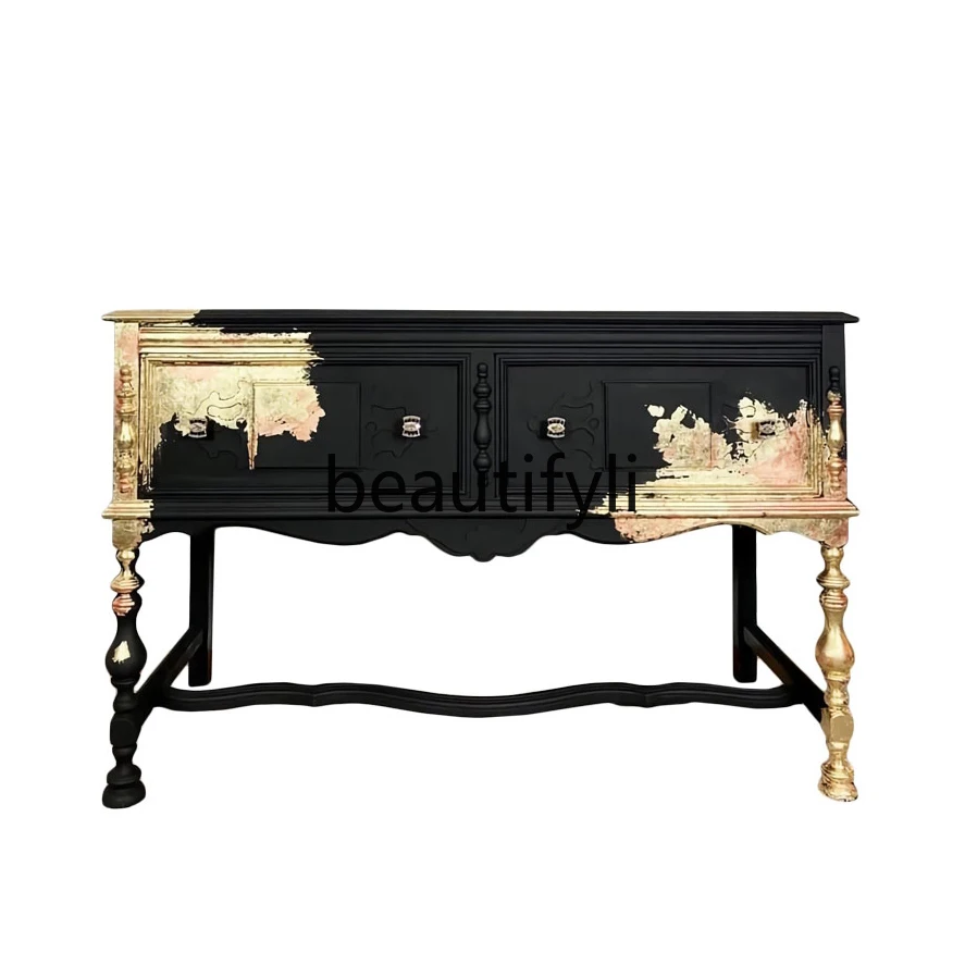 

Light luxury black French table solid wood storage corridor cabinet carved entrance integrated retro gold old