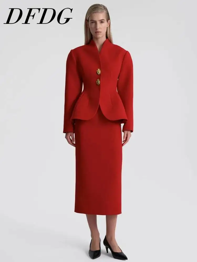 

DFDG Women 2026 Spring Summer Two Piece Outfit Peplum Blazer Single Breasted High Waist Midi Skirt Elegant Formal Office Set