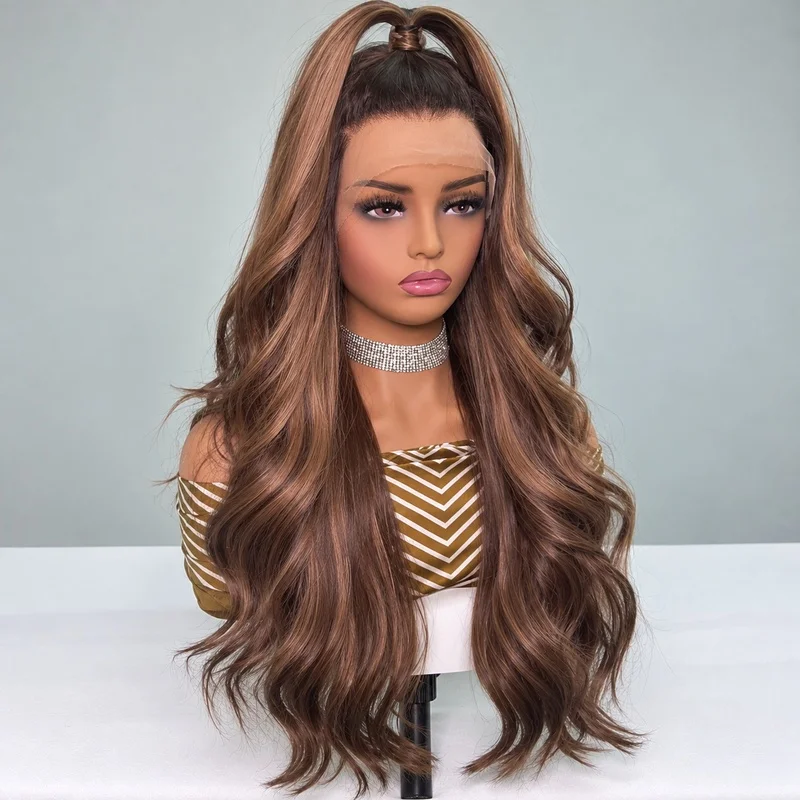 13x6 Lace Front Wig Brown Long Body Wave Japanese Fiber Free Parting Curtain Bangs Natural Hairline Daily Wear for Women
