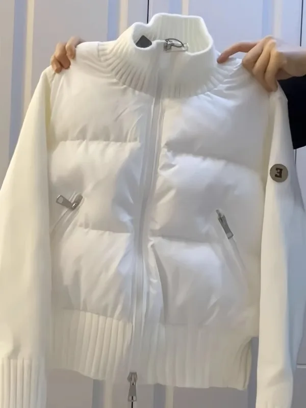 

Короткая хлопковая куртка женская, модный дизайн, воротник-стойка, молния, рукава с пэчворком, зимняя верхняя одежда, утепленная, в корейском стиле