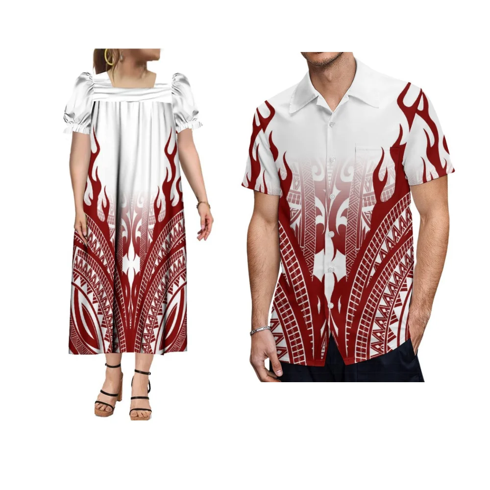 Tax Included Short-Sleeved Retro Loose Puffed Sleeve Mumu Dress Polynesian Women'S Custom Dress Men'S Shirt Couple Outfits