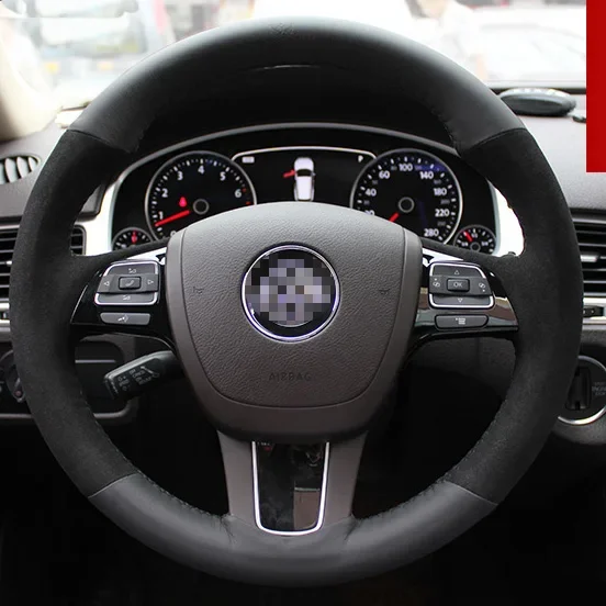 Steering Wheel Cover For Volkswagen Touareg Car Special Hand-stitched Black Suede Black Leather Covers