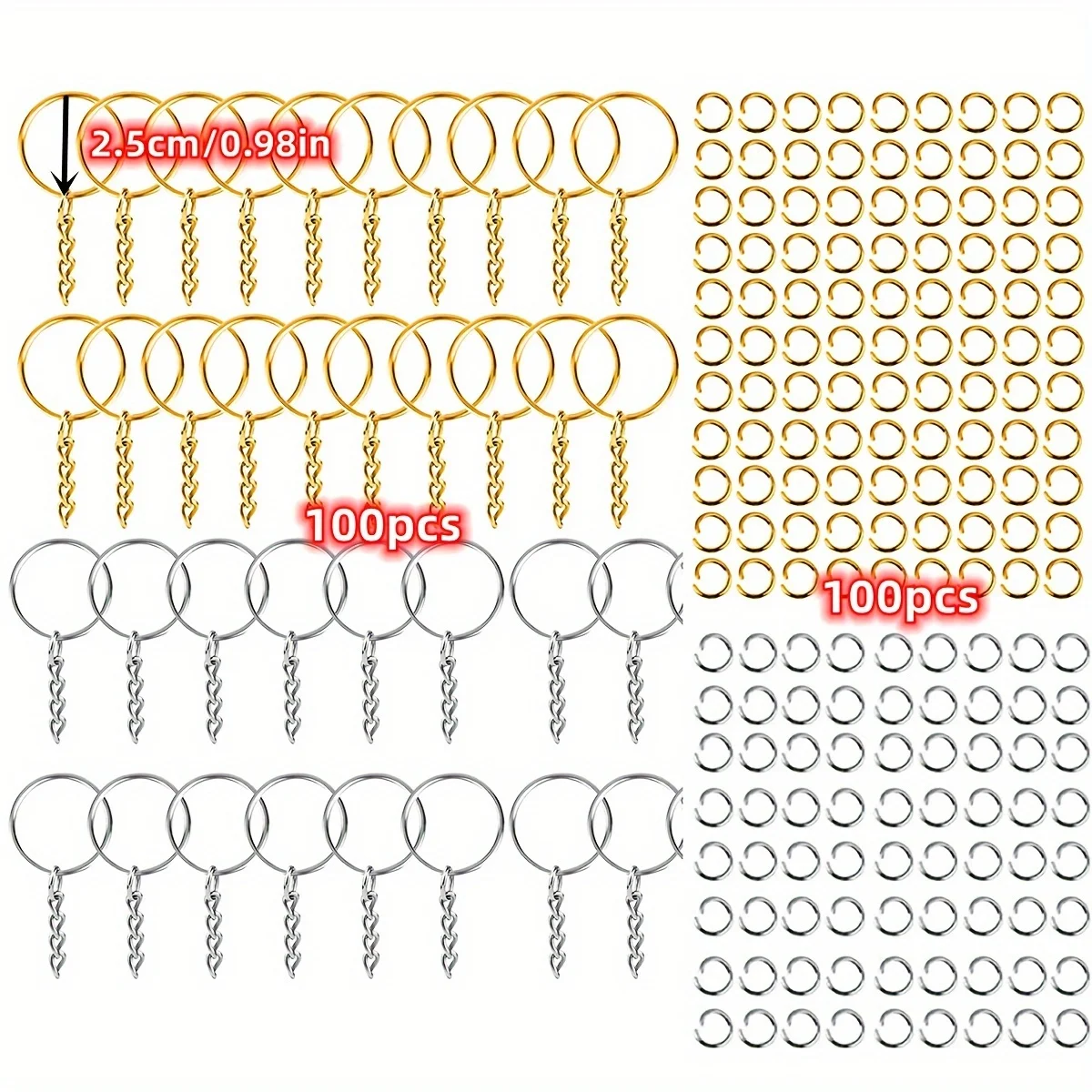 Picture 3: 200PCS DIY Metal Keychains With Split Ring Link Silvery Gold Color Pendants Holder Rings DIY Key Chains Jewelry Making