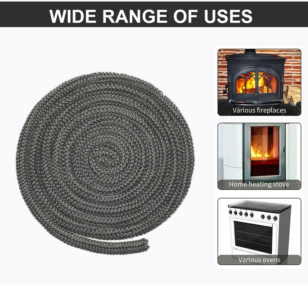 2M Fireplace Sealing Rope 6/8/10/12mm Gasket Cord Wood Burning Stove Door Fiberglass High Temperature Sealing Rope Replacement