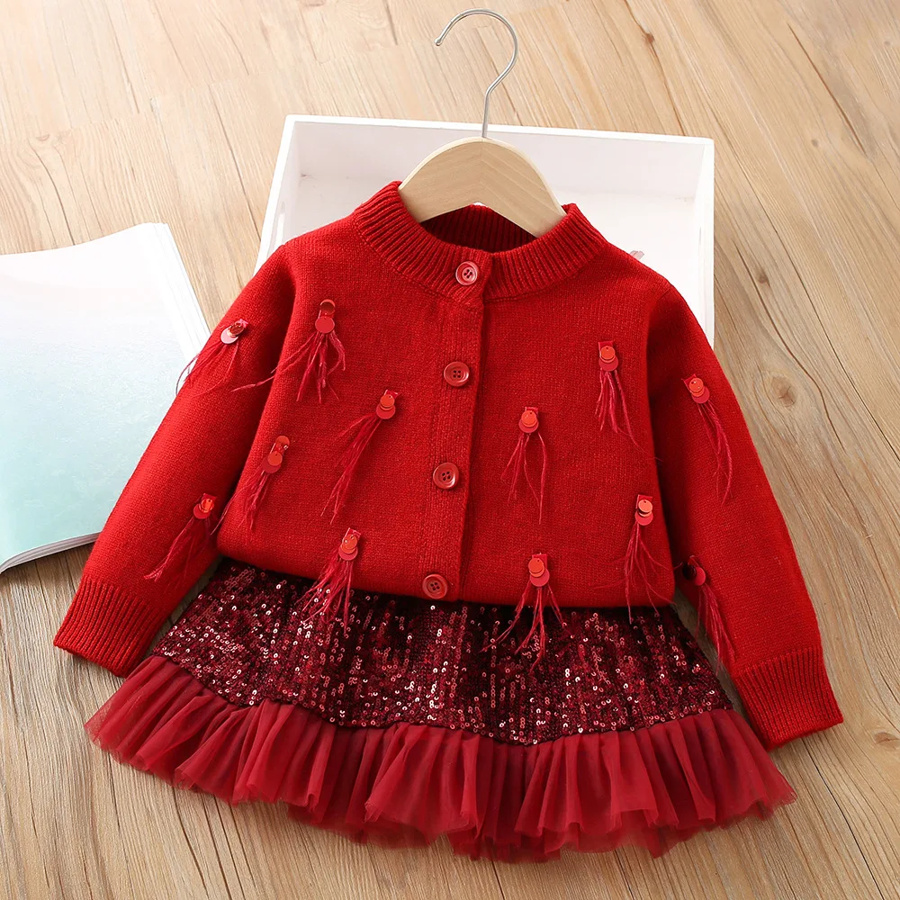 

Autumn Winter Girls Clothes Sets For Children Cardigan Sweater+Sequin Skirt Two Pieces Suits Kids Girl Outfits Knitted Clothing
