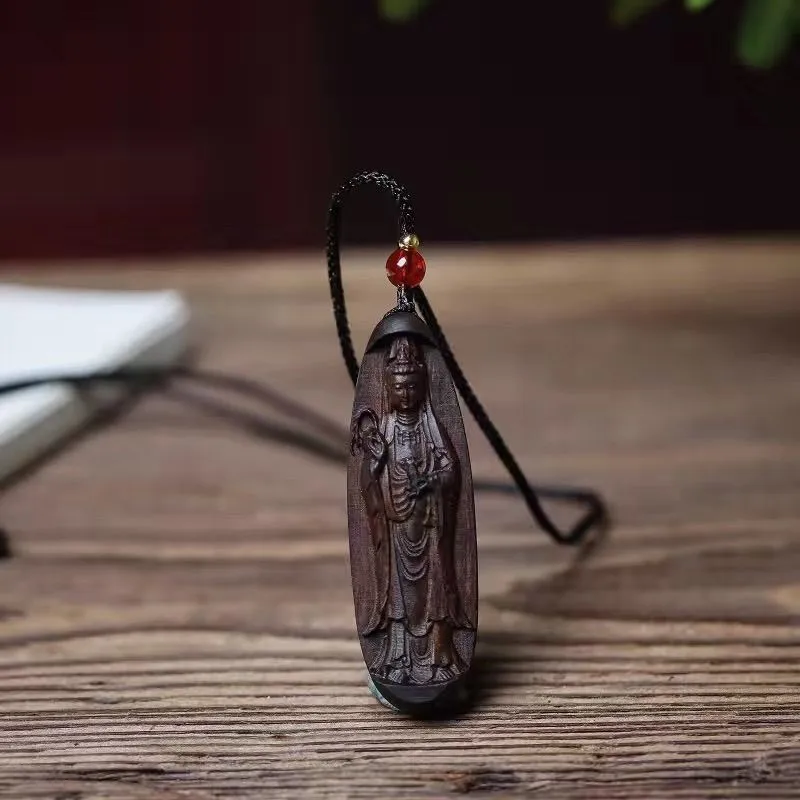 Agarwood Old Stock Guanyin Carving Handheld Vase Sculpture Sacred Pendant