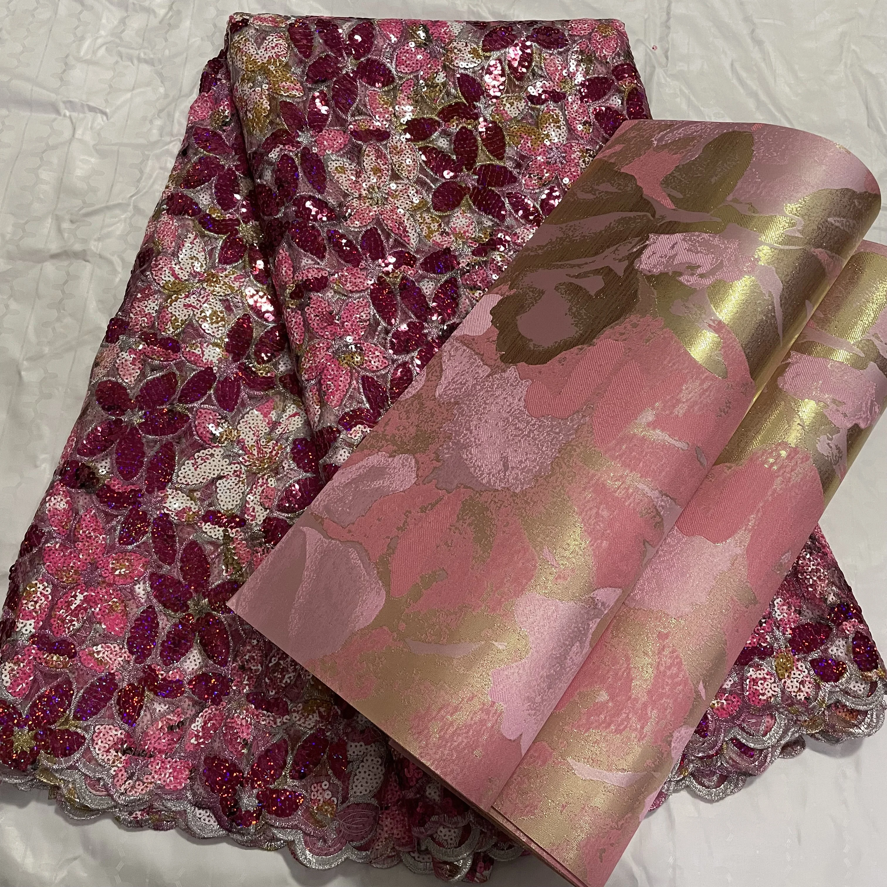

Африканский розовый цвет, блестящий тюль, кружевная ткань, нигерийская кружевная ткань ручной работы, вышивка, тяжелые кружевные материалы с блестками, 5 ярдов, 2025 г.