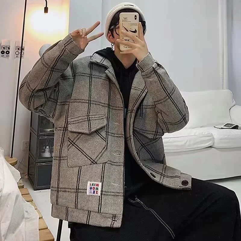 سترة قطنية صوفية سميكة بنقشة مربعات للرجال لفصلي الخريف والشتاء، معطف قطني عصري بياقة عالية وإحساس راقي #2
