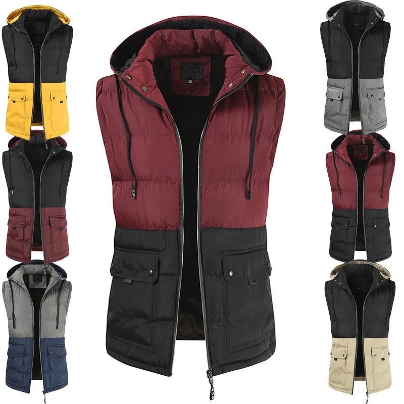

Men's Suit Vest Zipper Casual Vest Hooded Color Matching Cotton Vest 6 Style Gilet Men Formal Business Groomman Waistcoat 2021