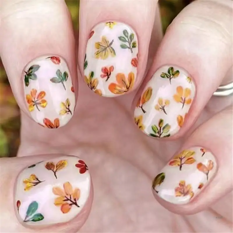 24 Pcs Thanksgiving Full Cover Stick on Nails Short Square False Nails Fall Artificial Nails Maple Leaves Press On Nails