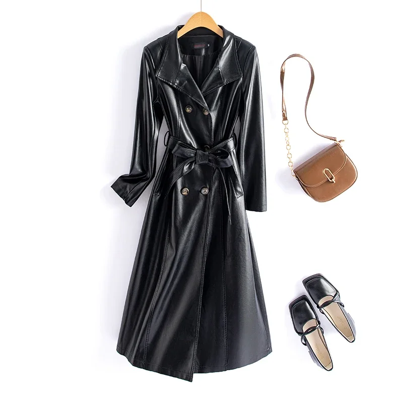 Long Jackets Spring Leather Trench Women Belt Fashion Long Coat High Quality M-7XL Faux Leather Clothing Outwear Suede SWREDMI