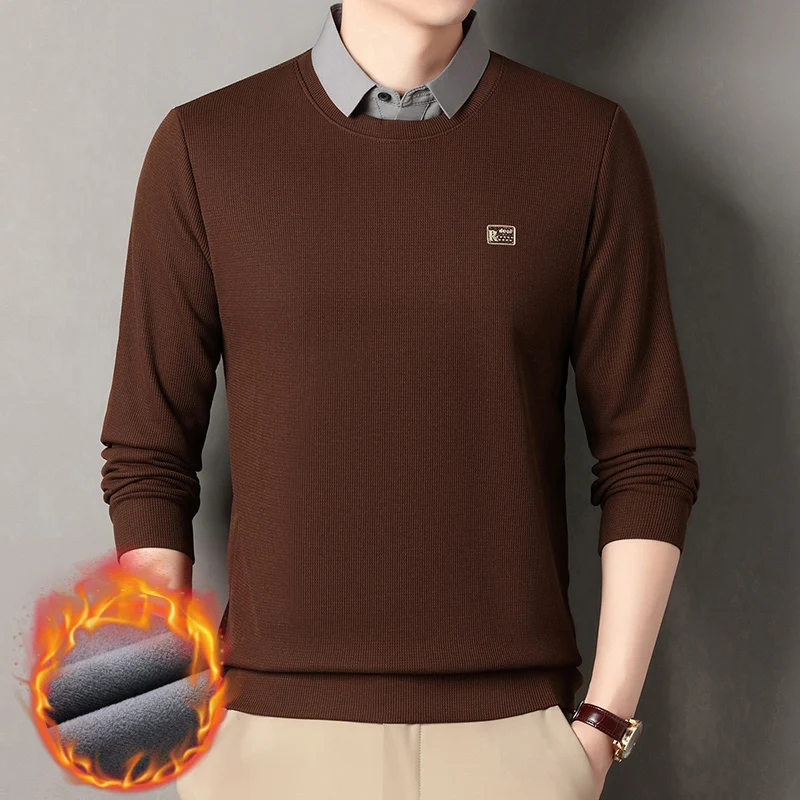 

Winter Men's Plush Thick Sweater Fake Two-piece Knitted Sweater Long Sleeved T-shirt Polo Warm Base Shirt