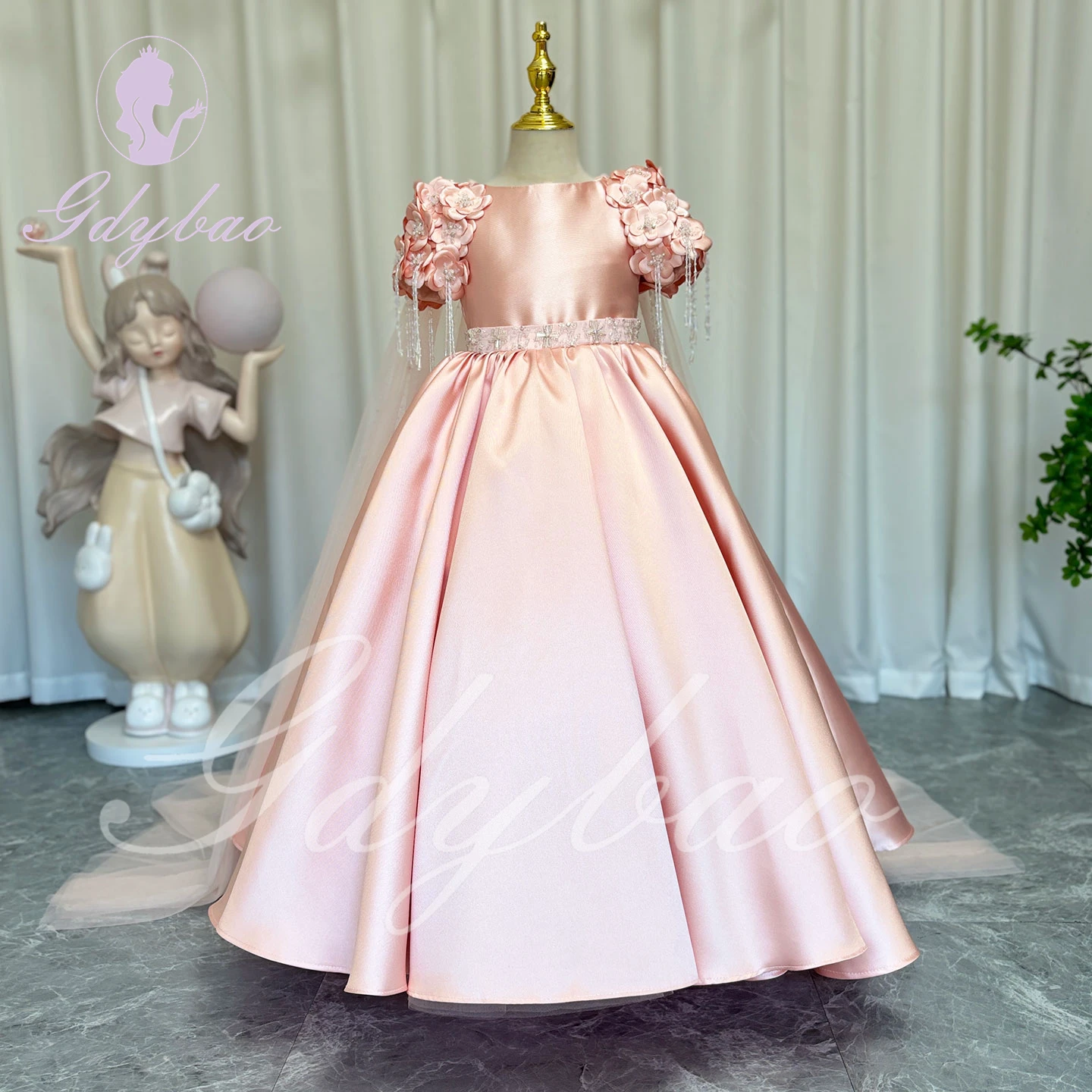 Robe de demoiselle d'honneur rose pour mariage, appliques 3D, satin gonflé, paillettes perlées, robe de Rhde première communion pour enfants, princesse