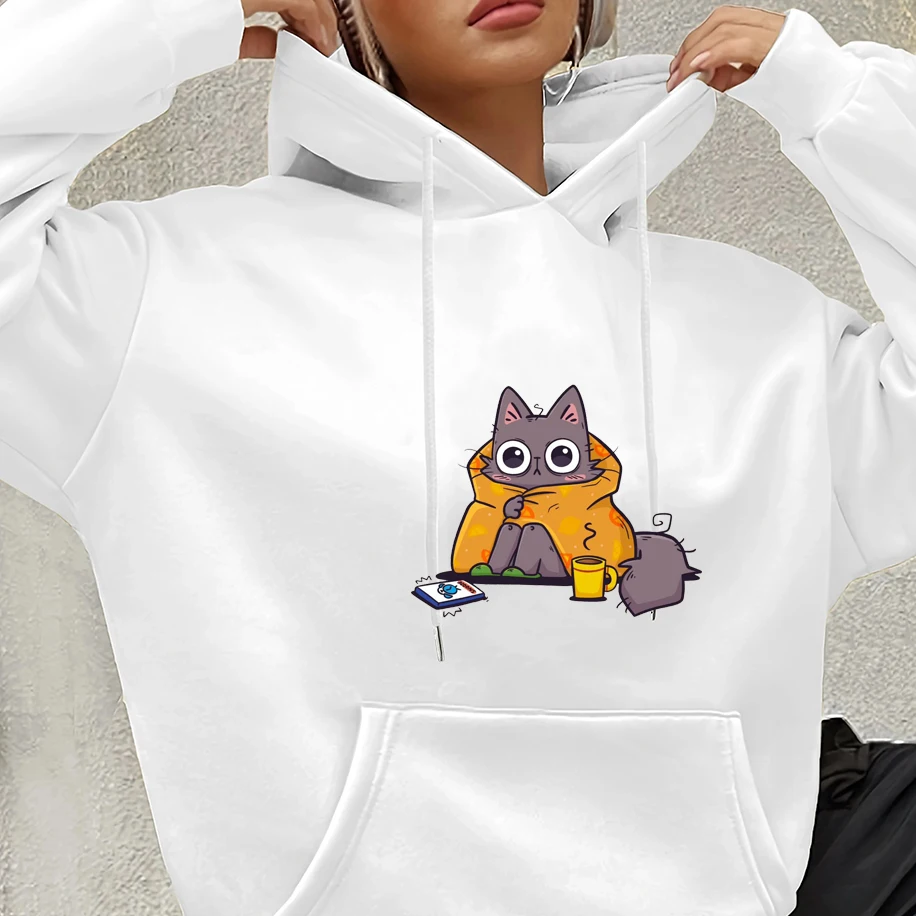 

Cat Wrapped in a Cotton Blanket Print Unisex Hoodie I Woke Up Letter Pattern Men Women Sweatshirt Fashion Casual Couple Pullover