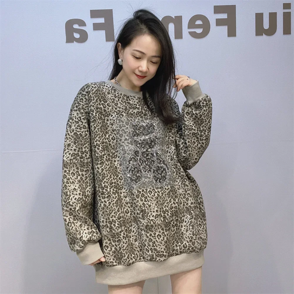 Long Sleeve Leopard Print Hoodies Women Vintage Clothes Cartoon Pattern Diamonds Pullover Knitwear Casual Tops Loose Sweatshirts