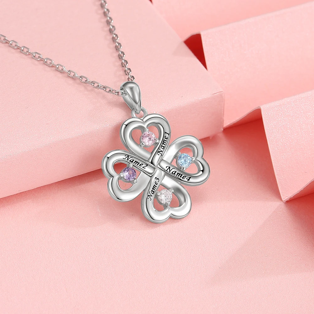 925 Sterling Silver Personalized Four Leaf Clover Necklace Customized Birthstone&Name Jewelry Birthday Gifts for Women Friends